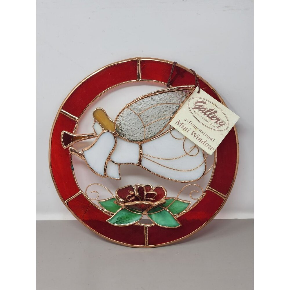 Vintage Christmas/Holiday Round 3-D Stained Glass‎ Trumpeting Angel With Rose